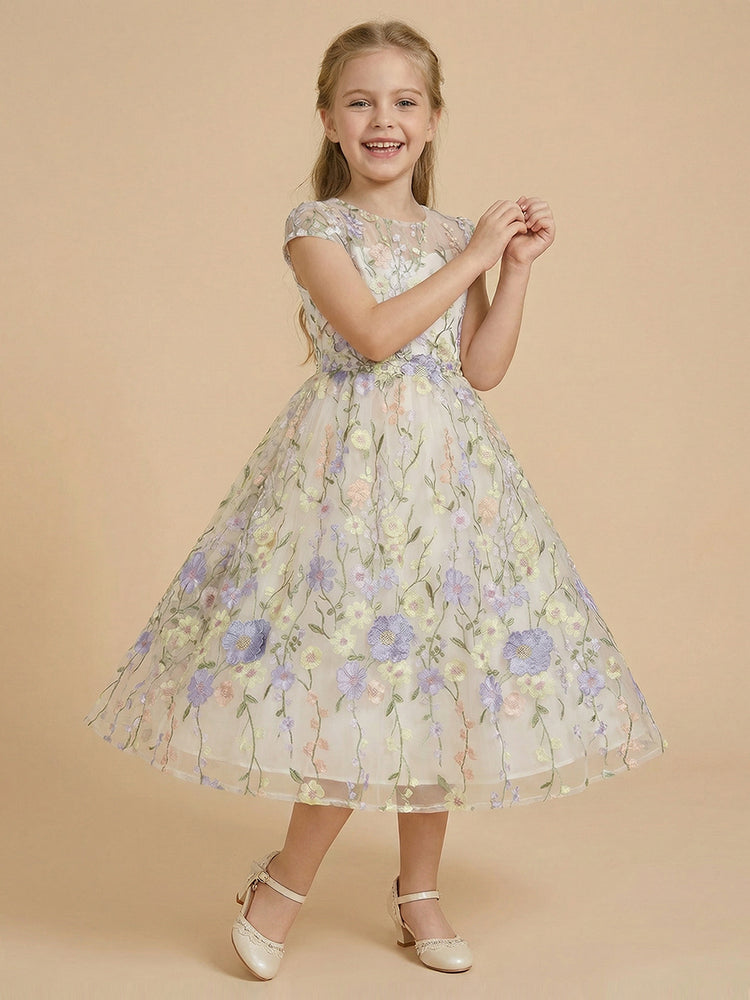 Tulle A-Line Crew Neck Long Flower Girl Dresses with Floral Embroidery
