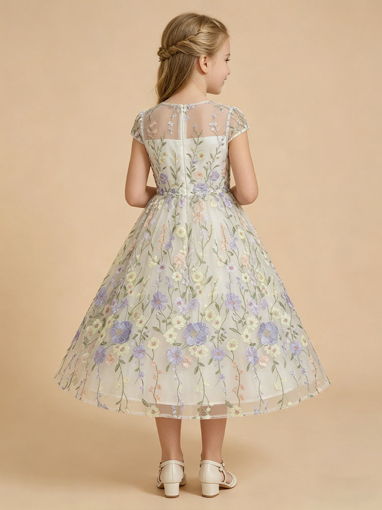 Tulle A-Line Crew Neck Long Flower Girl Dresses with Floral Embroidery