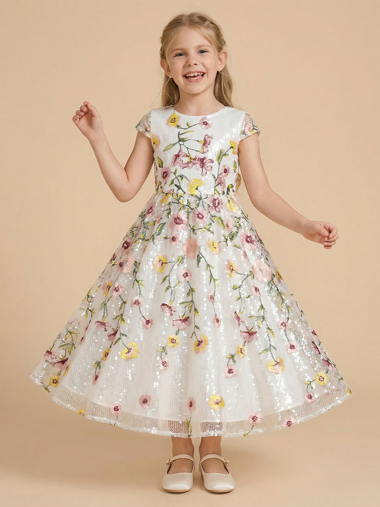 Tulle A-Line Crew Neck Long Flower Girl Dresses with Floral Embroidery