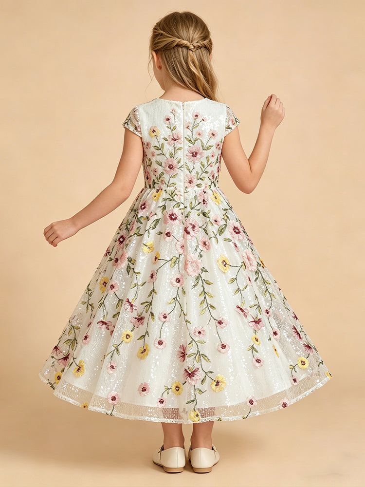 Tulle A-Line Crew Neck Long Flower Girl Dresses with Floral Embroidery