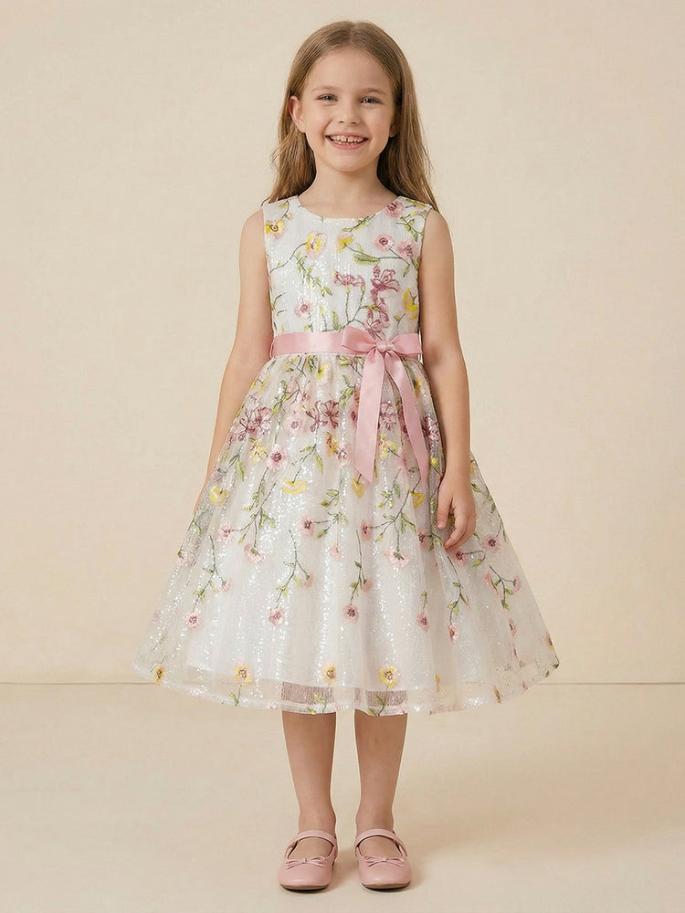 Tulle A-Line Crew Neck Long Flower Girl Dresses with Floral Embroidery