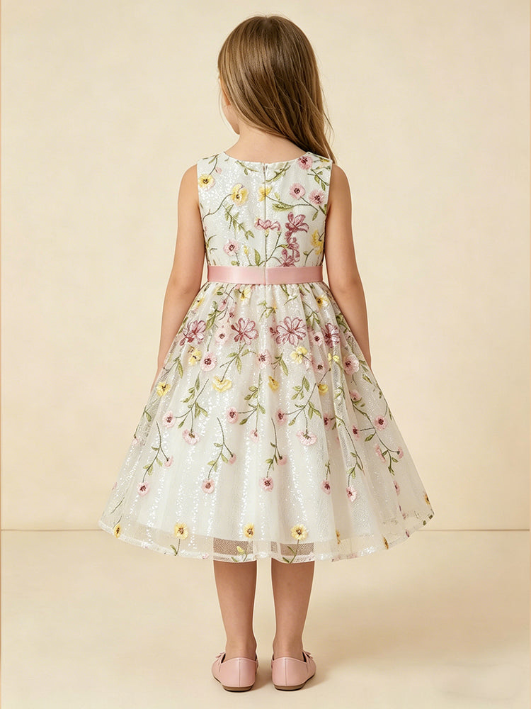 Tulle A-Line Crew Neck Long Flower Girl Dresses with Floral Embroidery