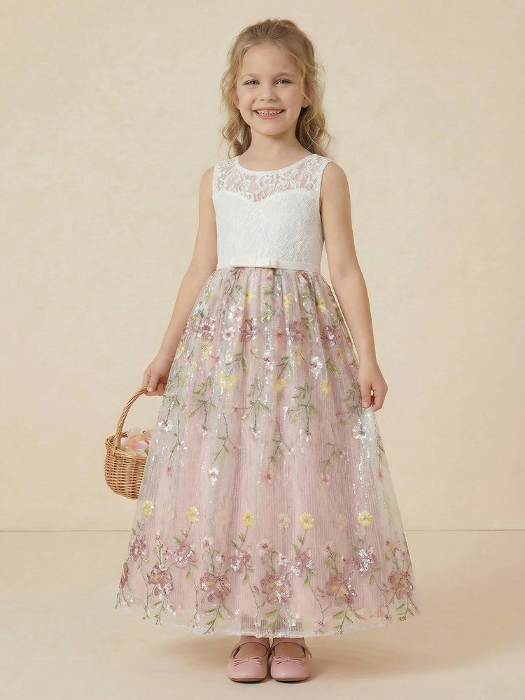Tulle A-Line Crew Neck Long Flower Girl Dresses with Lace Applique