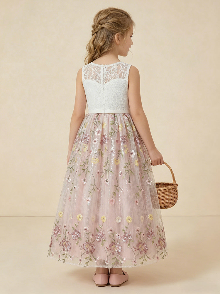 Tulle A-Line Crew Neck Long Flower Girl Dresses with Lace Applique