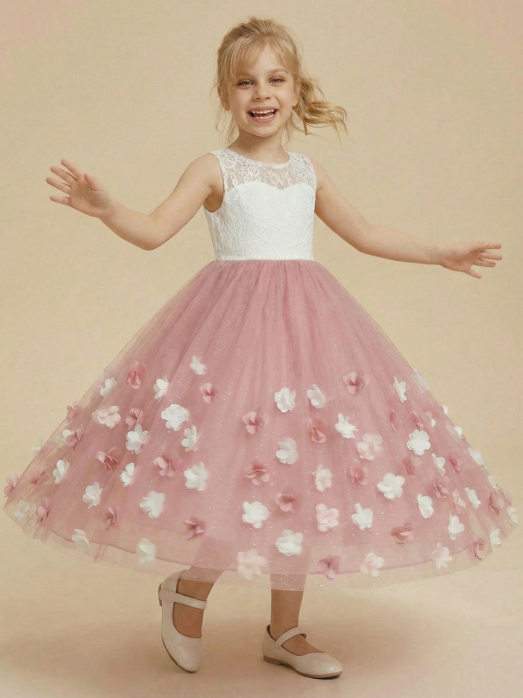 Tulle A-Line Crew Neck Long Flower Girl Dresses with Lace Applique