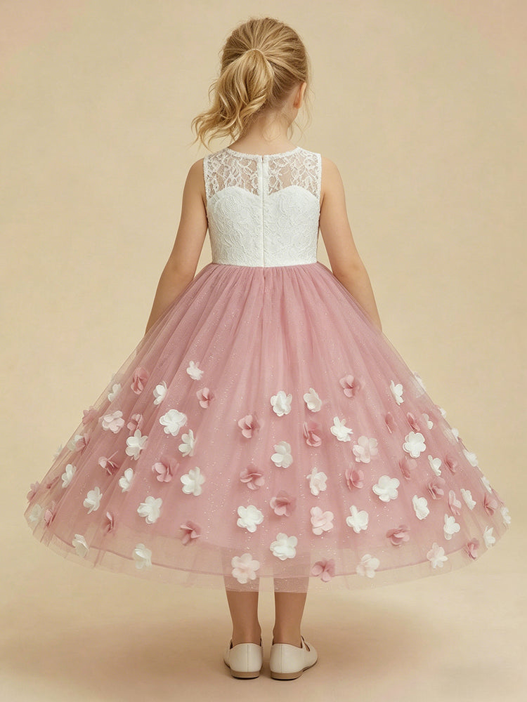 Tulle A-Line Crew Neck Long Flower Girl Dresses with Lace Applique