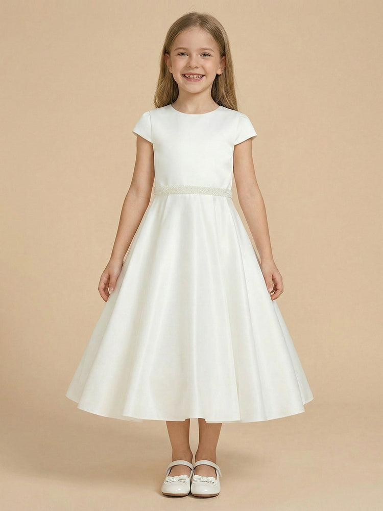 Satin A-Line Crew Neck Long Flower Girl Dresses with Beaded Sash