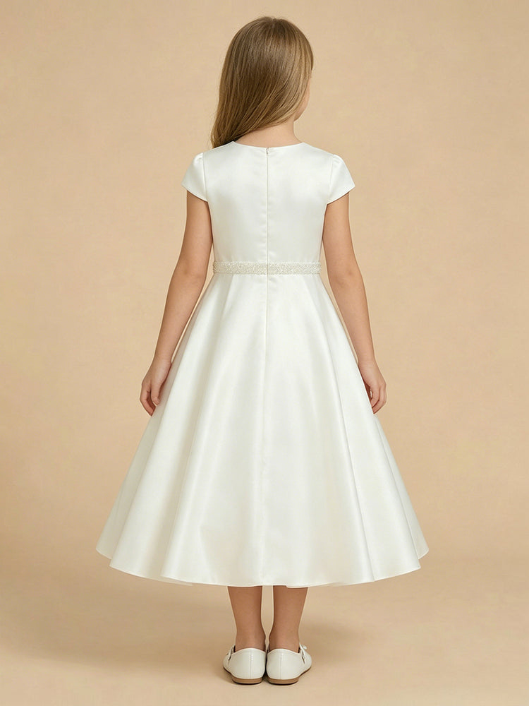 Satin A-Line Crew Neck Long Flower Girl Dresses with Beaded Sash