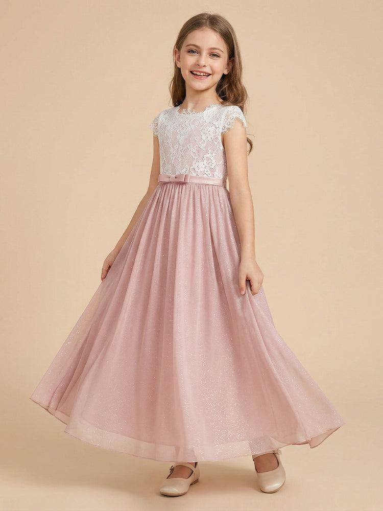 Tulle A-Line Crew Neck Long Flower Girl Dresses with Lace Applique