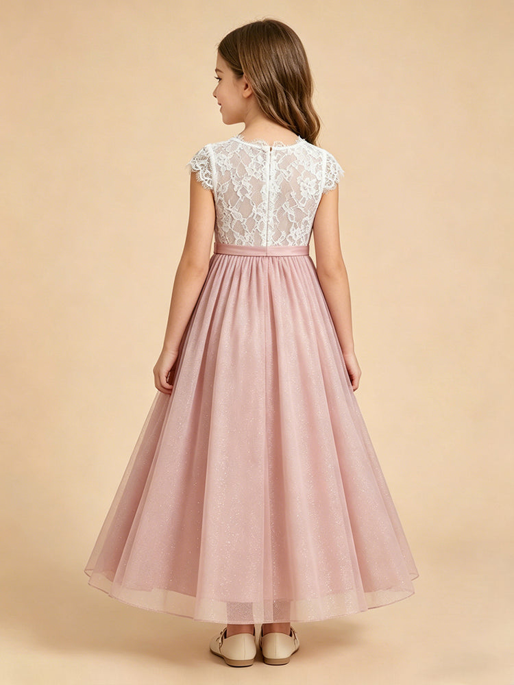 Tulle A-Line Crew Neck Long Flower Girl Dresses with Lace Applique
