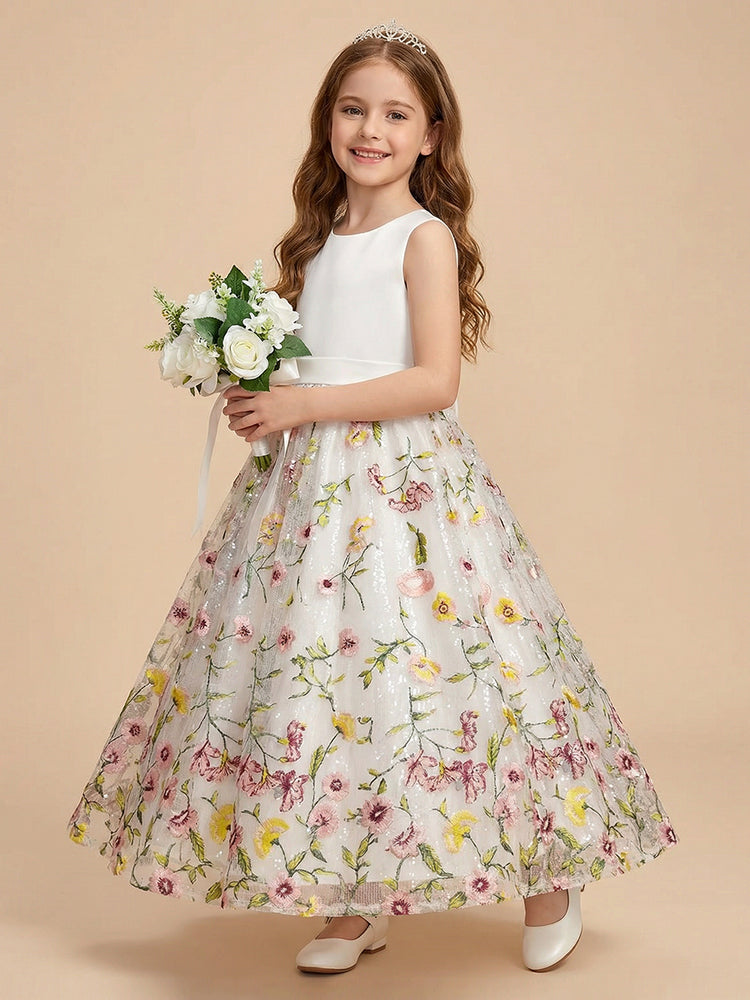 Tulle A-Line Crew Neck Long Flower Girl Dresses with Floral Embroidery