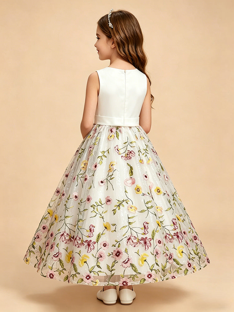 Tulle A-Line Crew Neck Long Flower Girl Dresses with Floral Embroidery