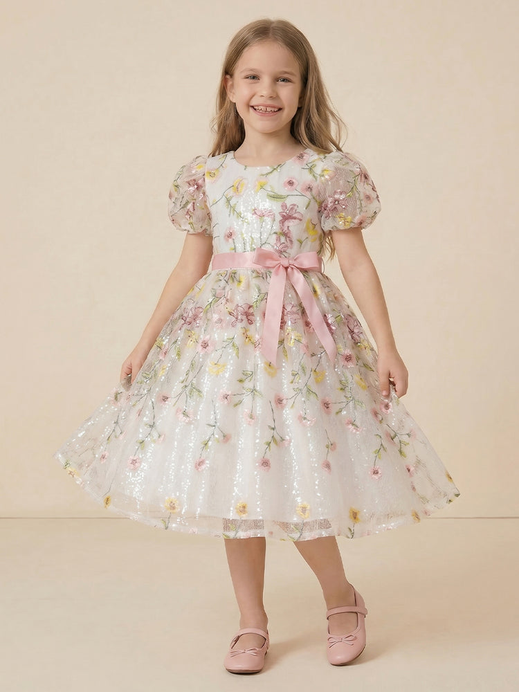 Tulle A-Line Crew Neck Long Flower Girl Dresses with Floral Embroidery