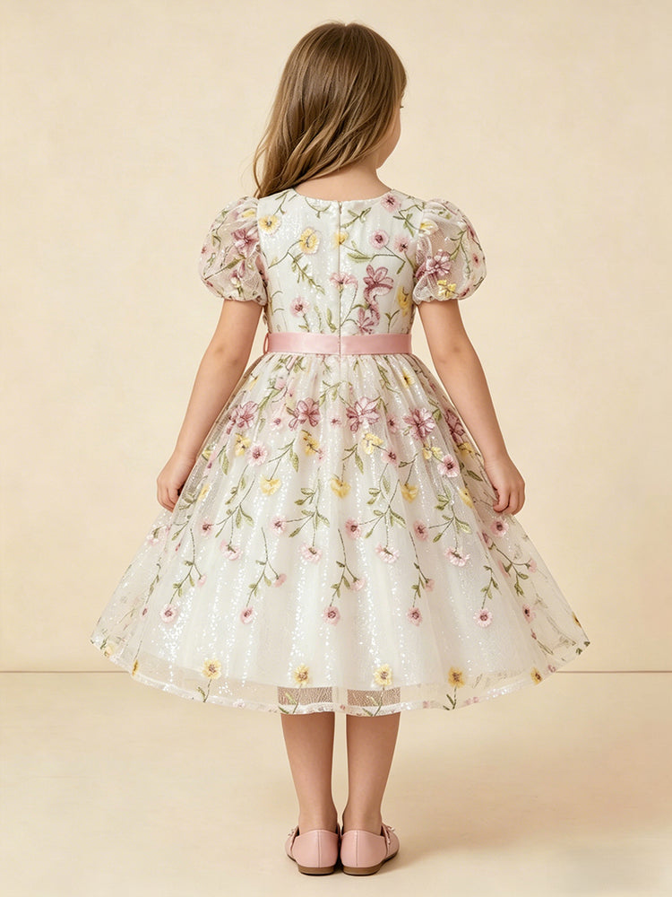 Tulle A-Line Crew Neck Long Flower Girl Dresses with Floral Embroidery