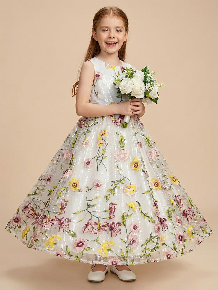 Tulle A-Line Crew Neck Long Flower Girl Dresses with Sequin