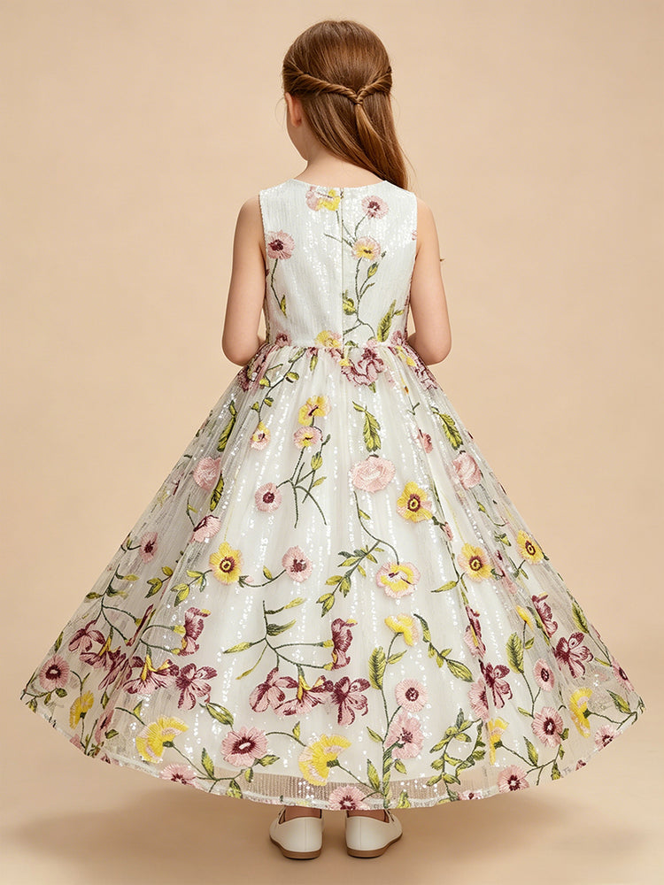 Tulle A-Line Crew Neck Long Flower Girl Dresses with Sequin