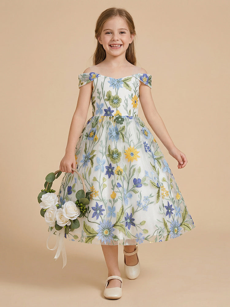 Tulle A-Line Off the Shoulder Long Flower Girl Dresses with Floral Embroidery