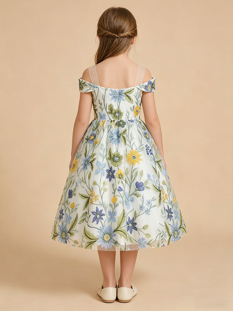 Tulle A-Line Off the Shoulder Long Flower Girl Dresses with Floral Embroidery