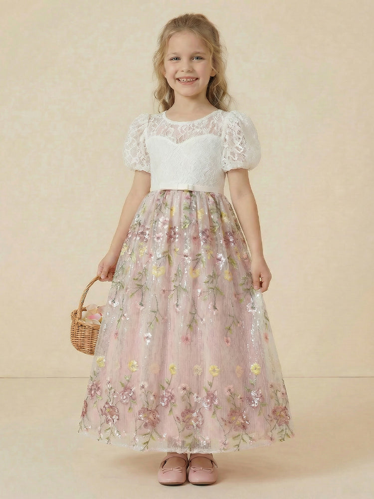 Tulle A-Line Crew Neck Long Flower Girl Dresses with Floral Embroidery