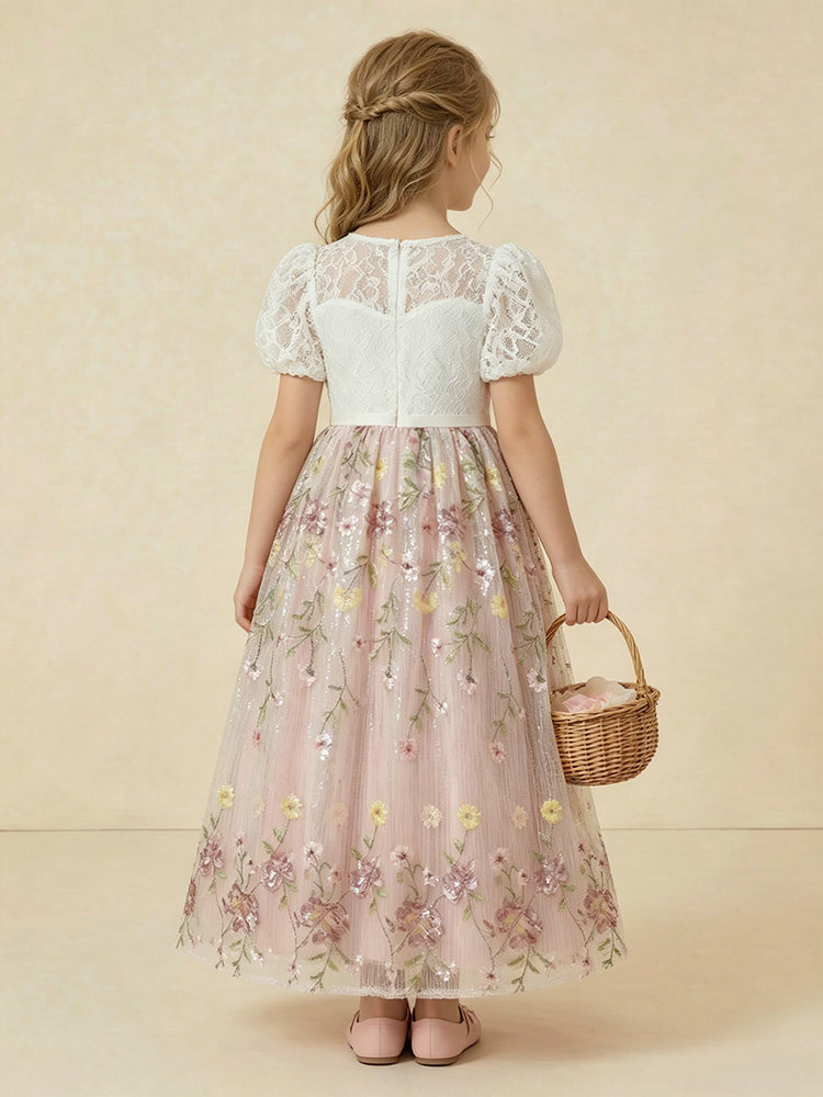 Tulle A-Line Crew Neck Long Flower Girl Dresses with Floral Embroidery