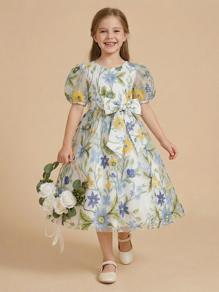 Tulle A-Line Crew Neck Long Flower Girl Dresses with Bow