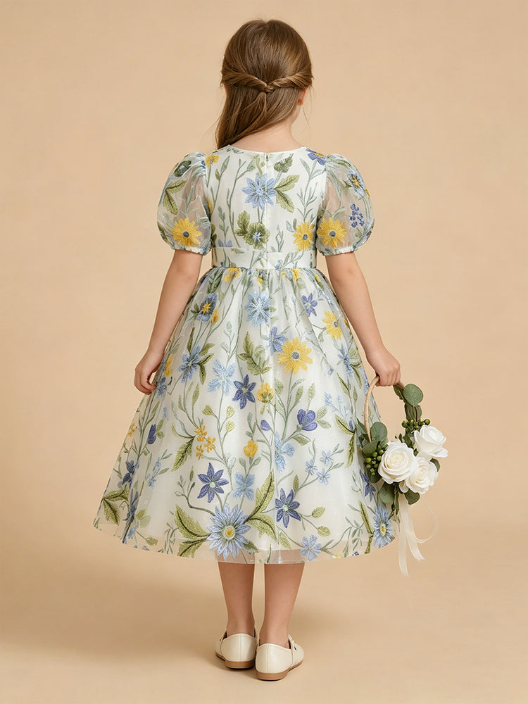 Tulle A-Line Crew Neck Long Flower Girl Dresses with Bow