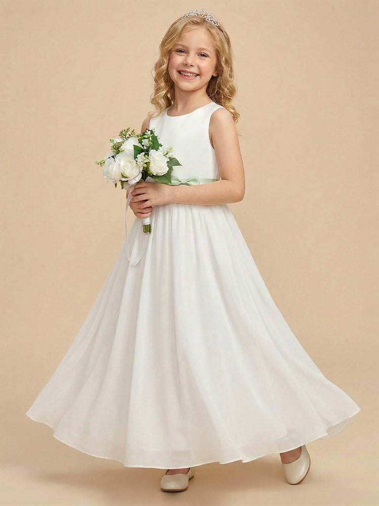 Chiffon A-Line Crew Neck Long Flower Girl Dresses with Sash