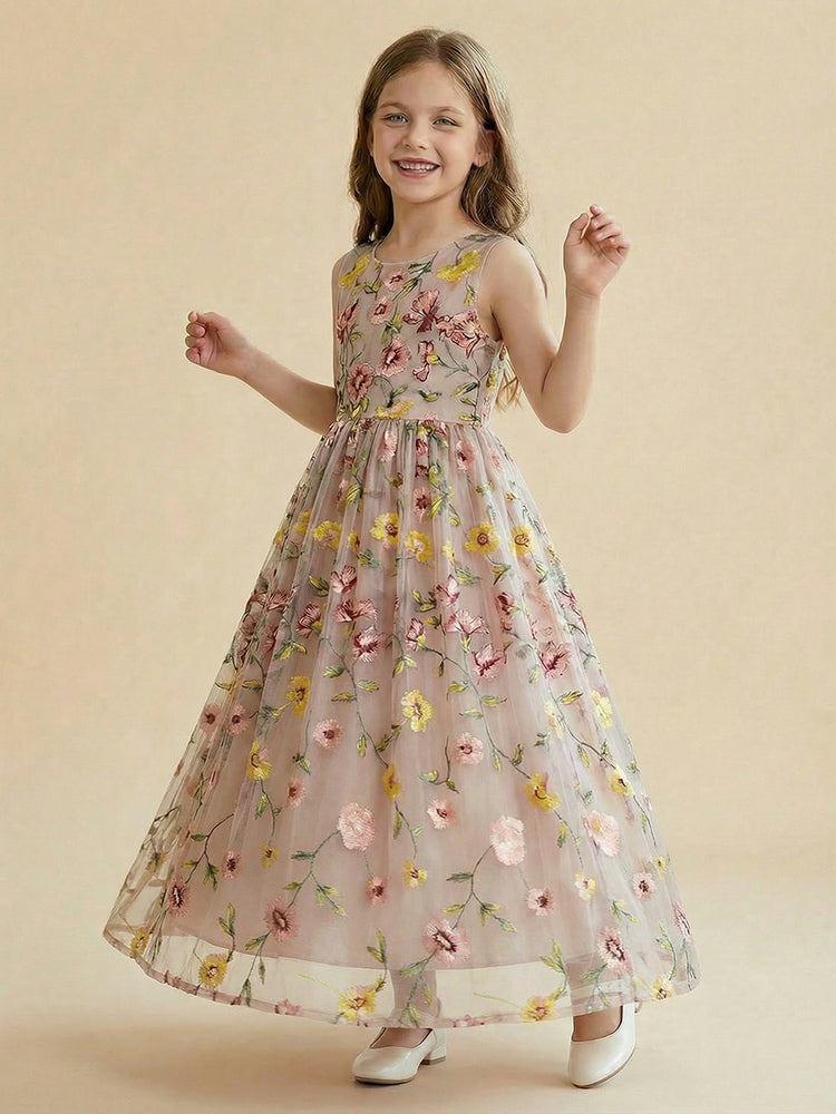 Tulle A-Line Crew Neck Long Flower Girl Dresses with Floral Embroidery