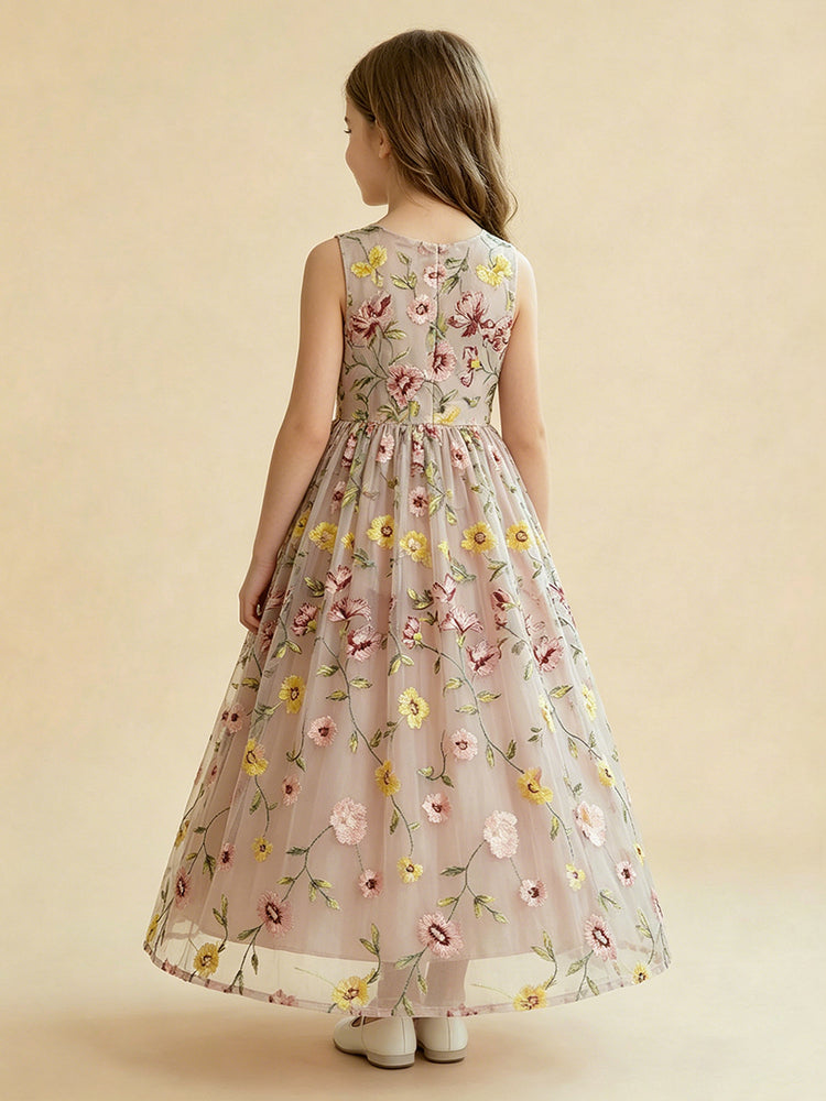 Tulle A-Line Crew Neck Long Flower Girl Dresses with Floral Embroidery