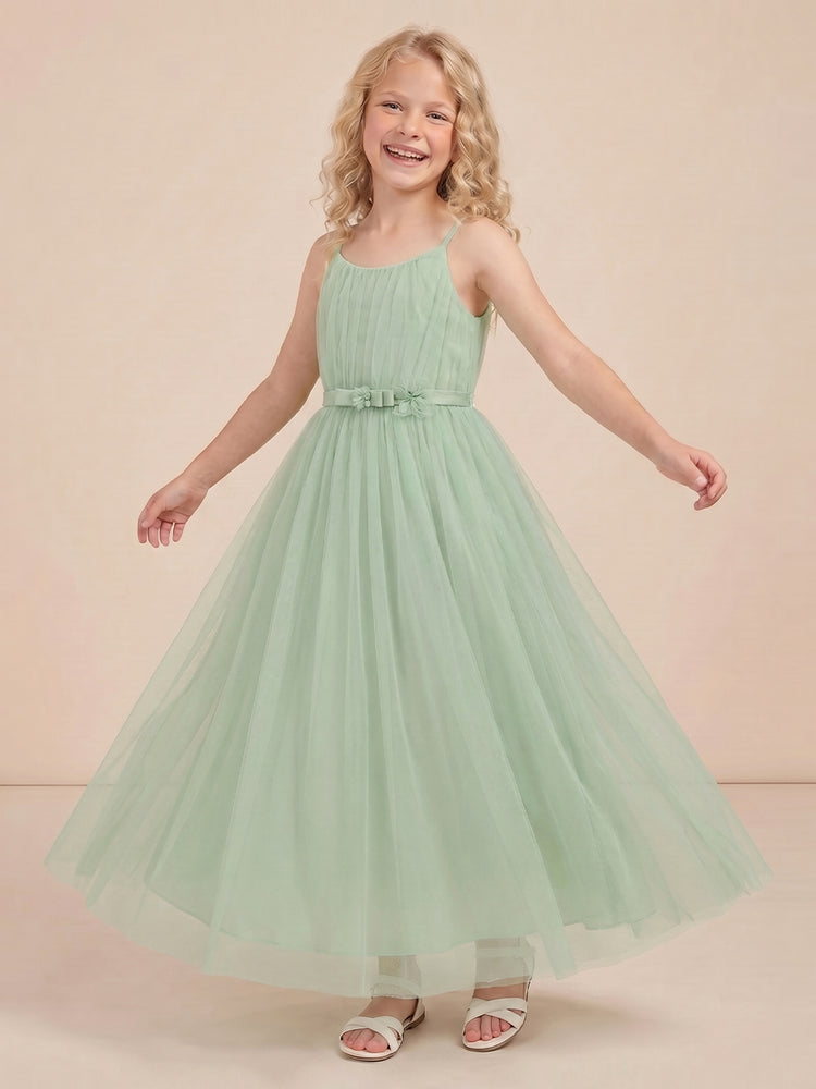 Tulle A-Line Spaghetti Straps Long Flower Girl Dresses with Sash