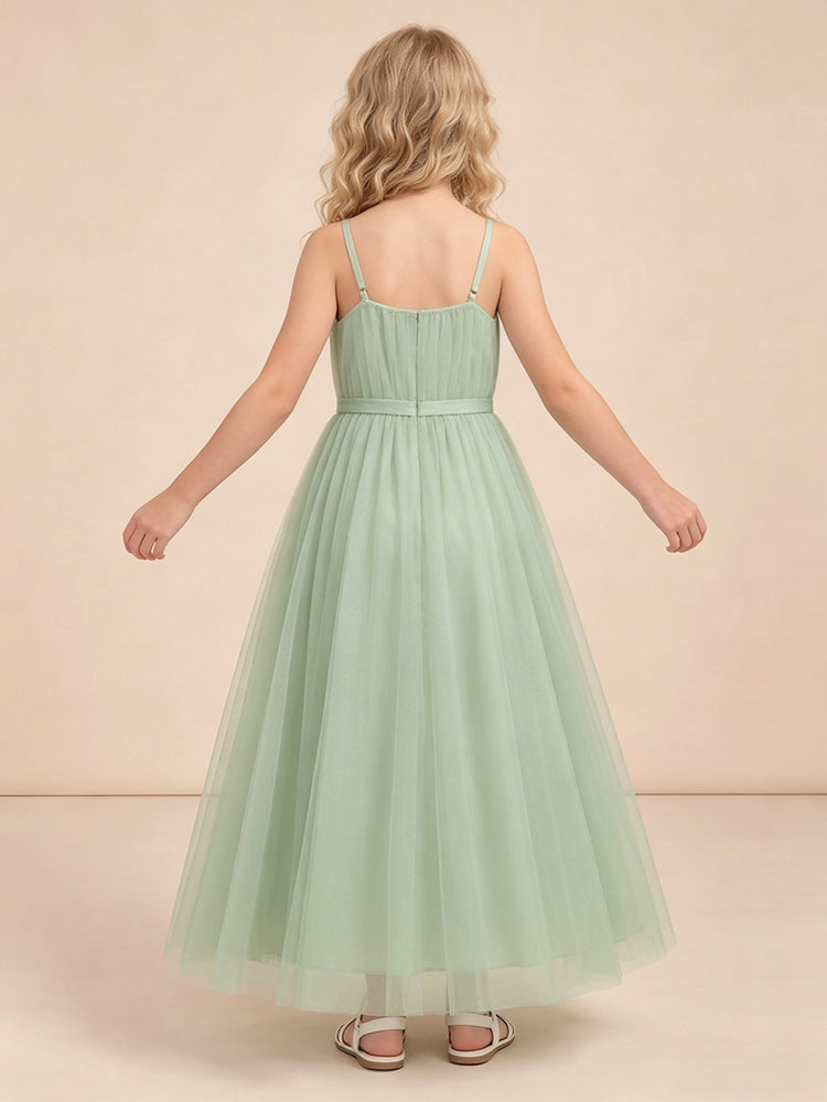Tulle A-Line Spaghetti Straps Long Flower Girl Dresses with Sash