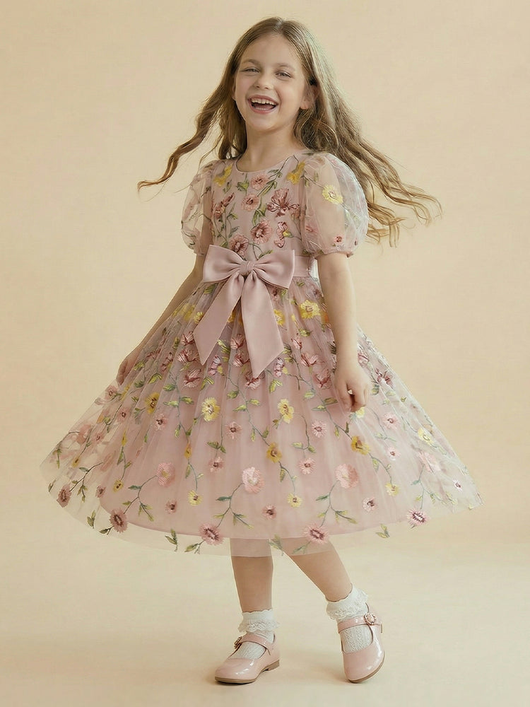 Tulle A-Line Crew Neck Long Flower Girl Dresses with Bow