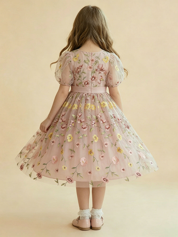 Tulle A-Line Crew Neck Long Flower Girl Dresses with Bow