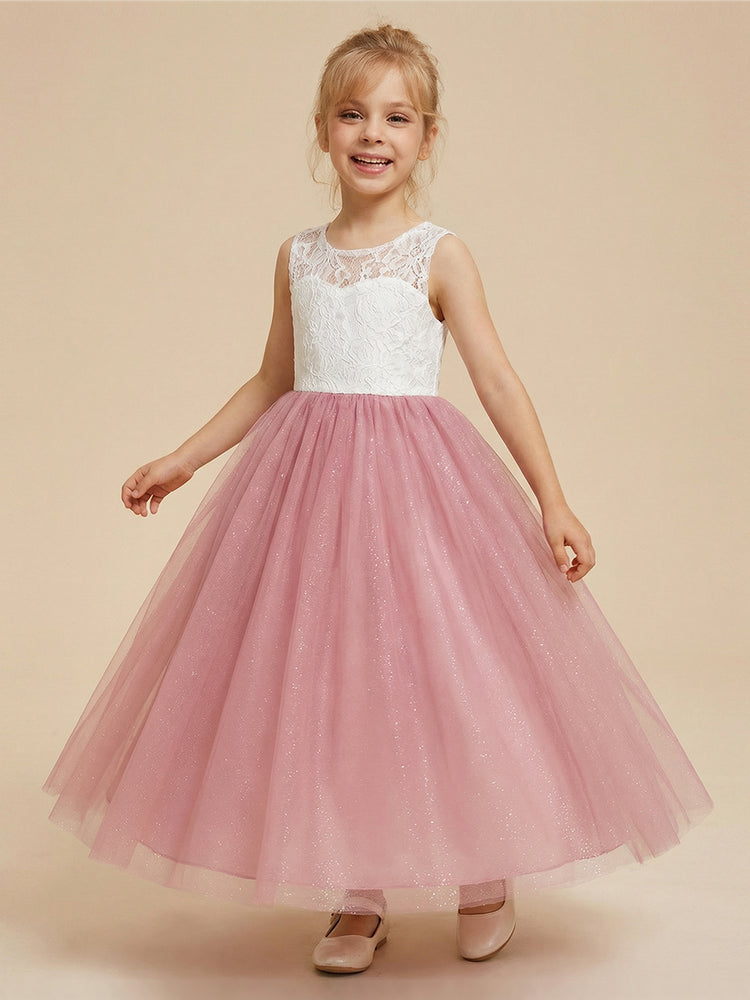 Tulle A-Line Crew Neck Long Flower Girl Dresses with Lace Applique