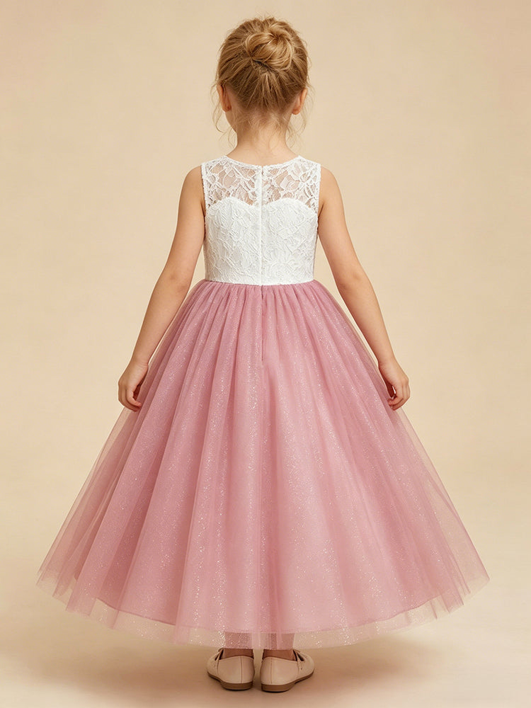 Tulle A-Line Crew Neck Long Flower Girl Dresses with Lace Applique