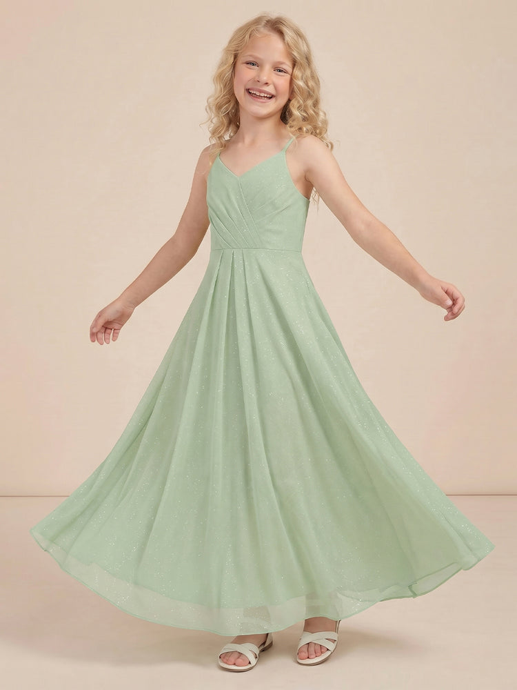 Chiffon A-Line V Neck Long Flower Girl Dresses with Pleated