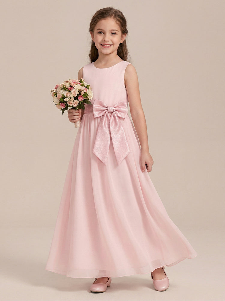 Chiffon A-Line Crew Neck Long Flower Girl Dresses with Bow