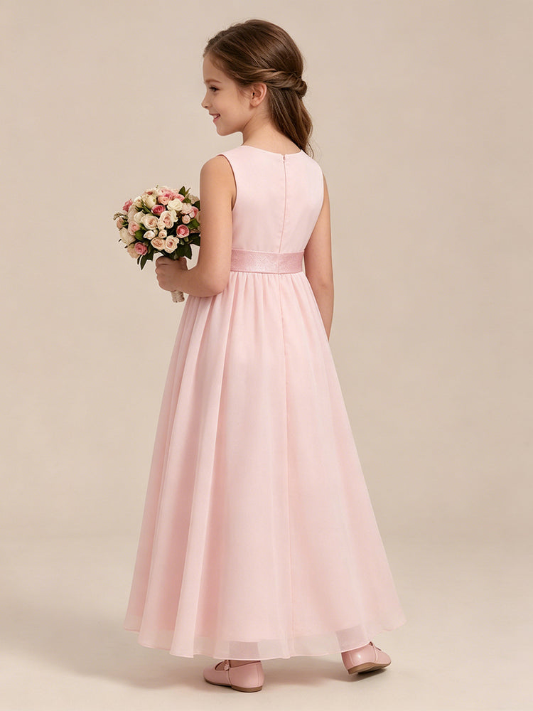 Chiffon A-Line Crew Neck Long Flower Girl Dresses with Bow