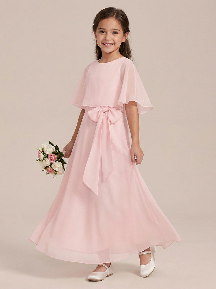 Chiffon A-Line Crew Neck Long Flower Girl Dresses with Bow