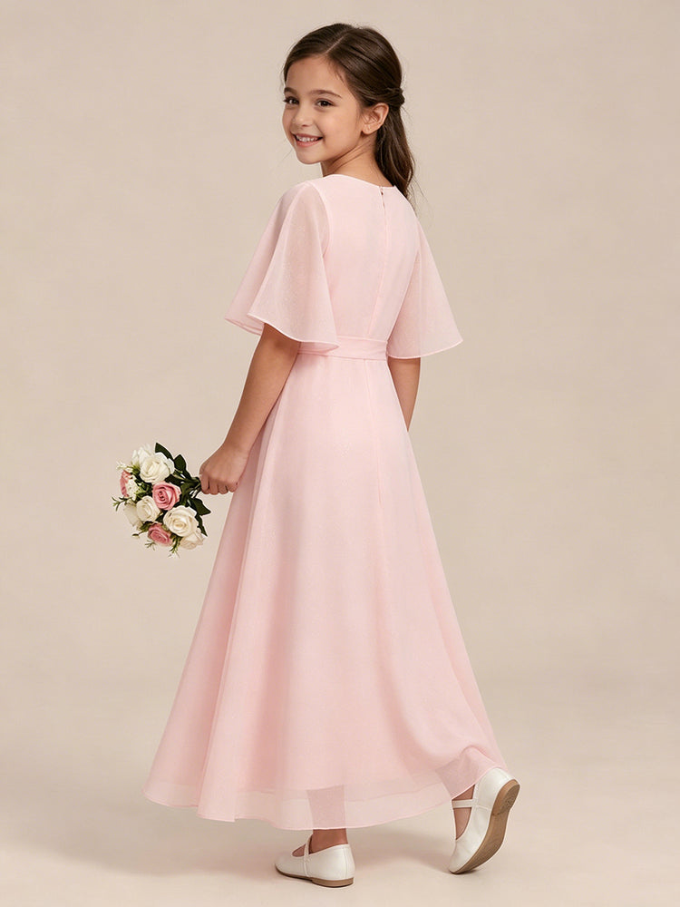 Chiffon A-Line Crew Neck Long Flower Girl Dresses with Bow