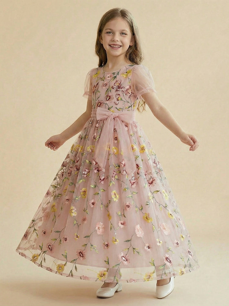 Tulle A-Line Crew Neck Long Flower Girl Dresses with Floral Embroidery