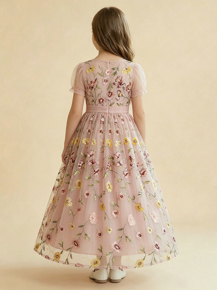 Tulle A-Line Crew Neck Long Flower Girl Dresses with Floral Embroidery