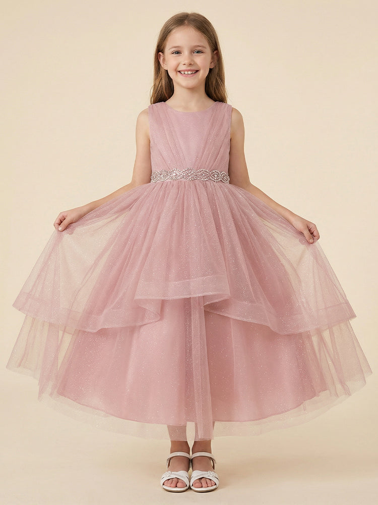 Tulle A-Line Crew Neck Long Flower Girl Dresses with Rhinestone