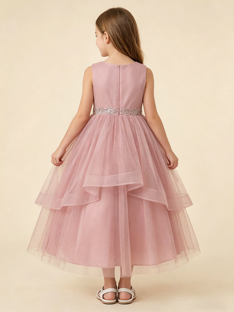 Tulle A-Line Crew Neck Long Flower Girl Dresses with Rhinestone