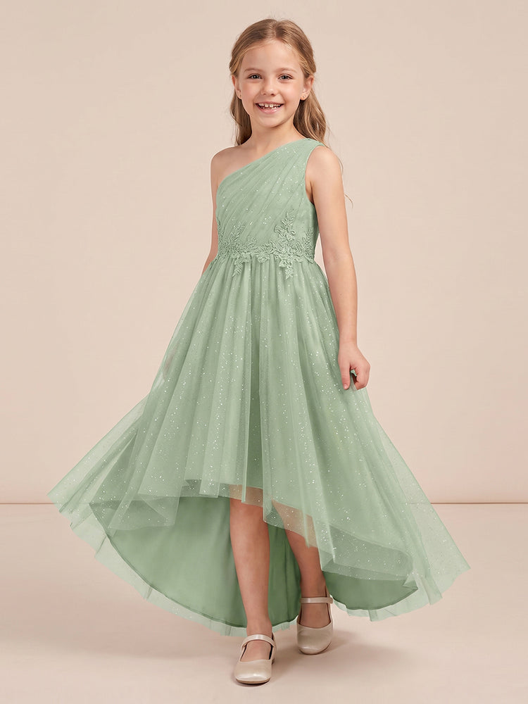 Tulle A-Line One Shoulder Long Flower Girl Dresses with Lace Applique