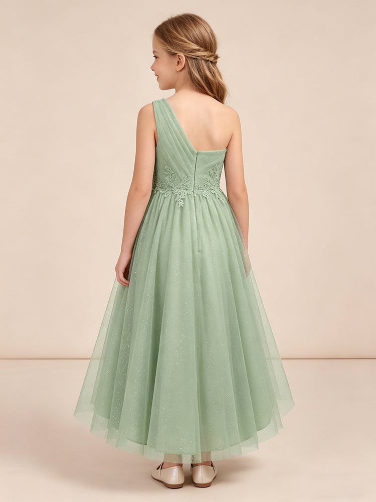 Tulle A-Line One Shoulder Long Flower Girl Dresses with Lace Applique