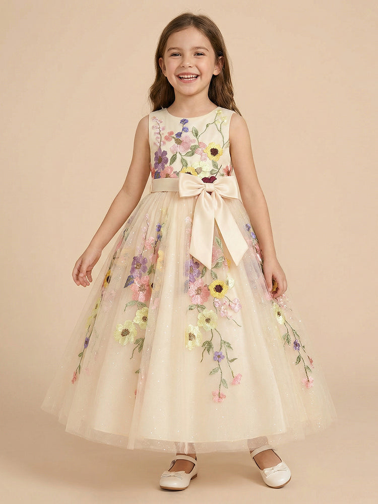 Tulle A-Line Crew Neck Long Flower Girl Dresses with Floral Embroidery