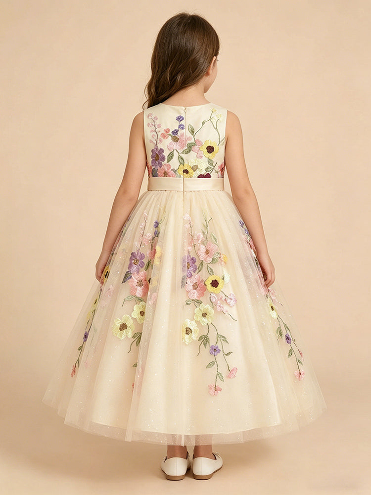Tulle A-Line Crew Neck Long Flower Girl Dresses with Floral Embroidery