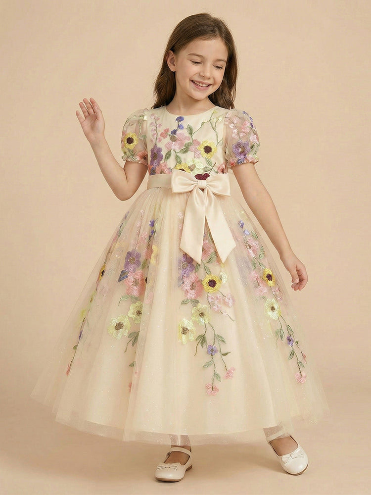 Tulle A-Line Crew Neck Long Flower Girl Dresses with Floral Embroidery
