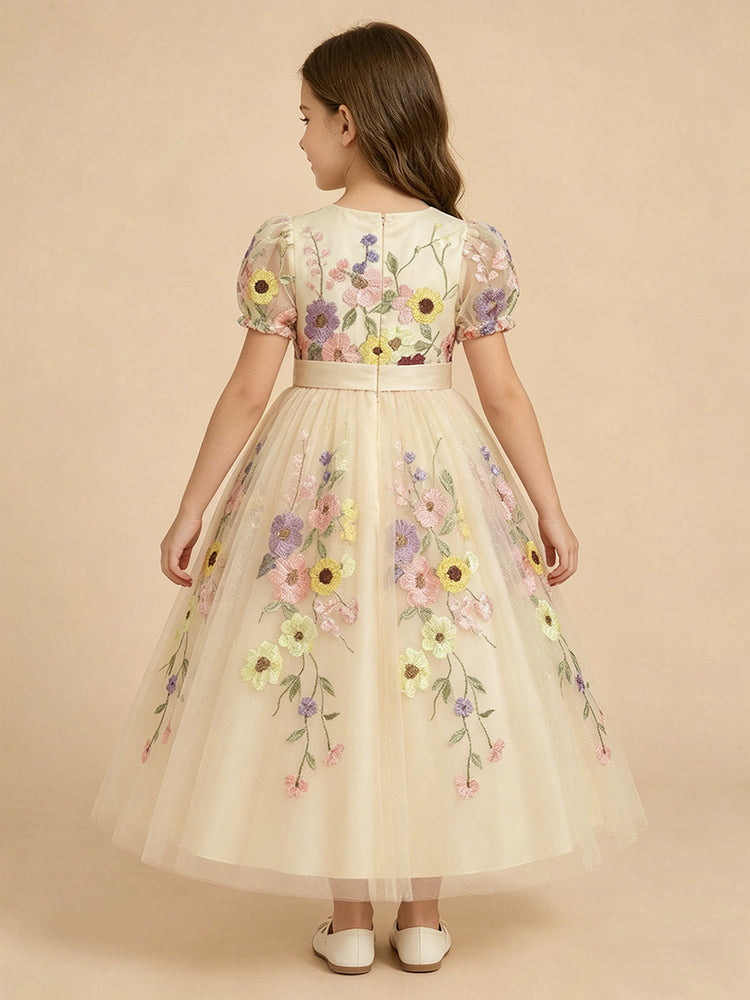 Tulle A-Line Crew Neck Long Flower Girl Dresses with Floral Embroidery